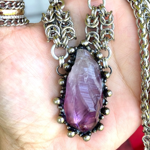 Handmade Genuine raw amethyst crystal maille stainless steel boho goth necklace - Picture 6 of 12